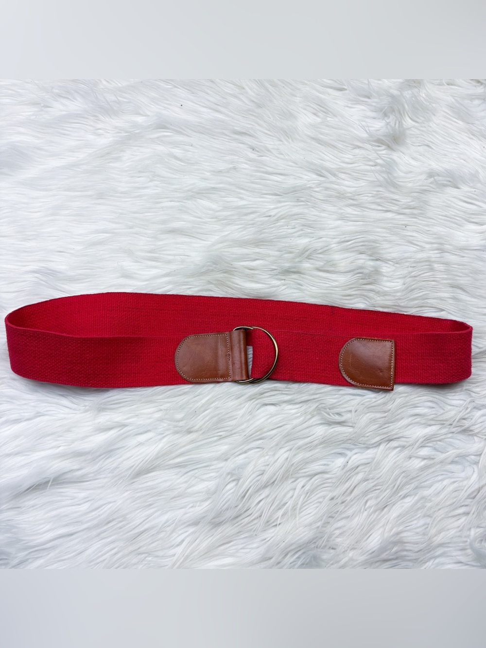 Vintage Red Preppy Woven Fabric Stretch D Ring Belt Tan Brown Leather Trim Mens